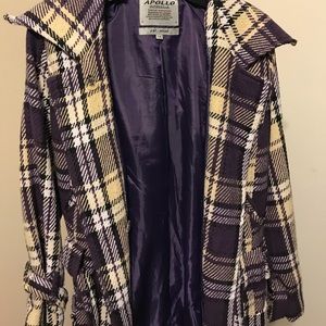 Plaid purple and white pea coat